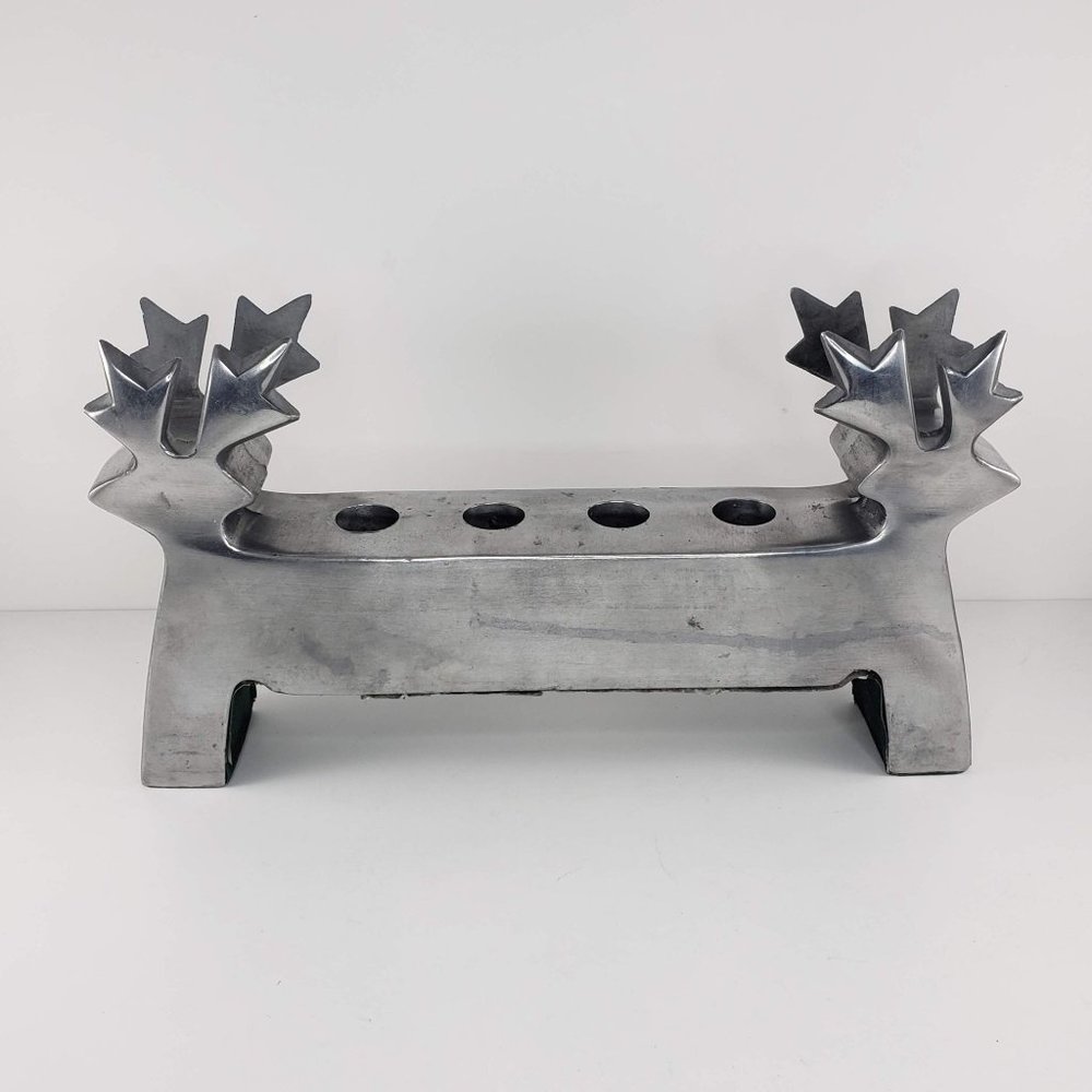 Double Reindeer Taper Candle Holder Silver Cast Aluminum